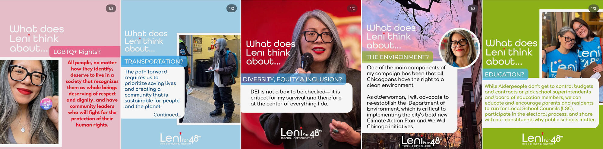 What does Leni think about... Screenshots of the campaign with different topics like transportation and the environment